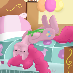 Size: 1000x1000 | Tagged: safe, artist:sebablackluna, gummy, pinkie pie, pony, g4, balloon, bed, on back, sleeping