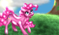 Size: 1280x756 | Tagged: safe, artist:tillie-tmb, pinkie pie, earth pony, pony, g4, female, grass, raised hoof, smiling, solo