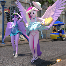 Size: 1750x1750 | Tagged: safe, artist:tahublade7, princess cadance, twilight sparkle, oc, oc:cuban sandwich, alicorn, anthro, plantigrade anthro, g4, 3d, bag, bikini, black swimsuit, clothes, daz studio, embarrassed, embarrassed underwear exposure, eyes on the prize, feet, flip-flops, floppy ears, hat, heart, heart print underwear, lamppost, legs, nail polish, panties, panty shot, ribbon, sandals, see-through, shoes, sisters-in-law, skirt, skirt lift, sneakers, soda, spread wings, street, summer dress, sun hat, swimsuit, tank top, this will end in tears and/or laughter, twilight sparkle (alicorn), underwear, upskirt, white underwear, wide eyes, wind, windswept hair
