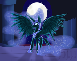 Size: 2500x2000 | Tagged: safe, artist:kittydragon619, nightmare moon, alicorn, pony, g4, female, glowing eyes, high res, moon, night, solo, spread wings