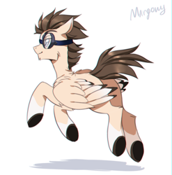 Size: 592x600 | Tagged: safe, artist:margony, oc, oc only, oc:drave, pegasus, pony, flying, goggles, male, signature, simple background, smiling, solo, stallion, white background