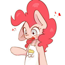 Size: 900x900 | Tagged: safe, artist:pinkieeighttwo, pinkie pie, earth pony, pony, g4, apron, blushing, clothes, female, heart, simple background, solo