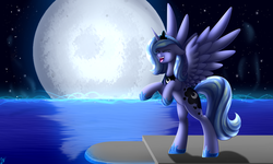 Size: 1024x614 | Tagged: safe, artist:whitehershey, princess luna, alicorn, pony, g4, eyes closed, female, floppy ears, moon, night, ocean, open mouth, rearing, s1 luna, solo, spread wings, stars, water