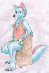 Size: 541x807 | Tagged: safe, artist:kyotoleopard, oc, oc only, oc:hellfire, wolf, anthro, barely pony related, blue, clothes, furrified, furry, green eyes, paws, smiling, solo, species swap