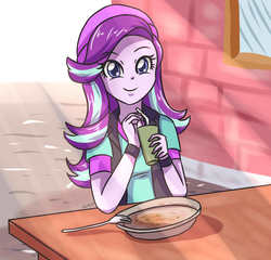 Size: 2952x2834 | Tagged: safe, artist:sumin6301, starlight glimmer, equestria girls, g4, beanie, bracelet, clothes, colored pupils, cup, cute, female, fork, hat, high res, looking at you, new style, plate, solo, straw
