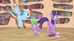 Size: 600x338 | Tagged: safe, screencap, rainbow dash, spike, twilight sparkle, dragon, pony, g4, it's about time, all new, animated, gif, hub logo, laughing, text