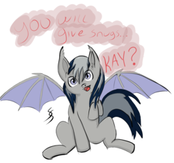 Size: 1048x978 | Tagged: safe, artist:supasqueegee, oc, oc only, oc:daturea eventide, bat pony, pony, crazy eyes, fangs, simple background, solo, speech bubble, white background, wings