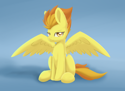 Size: 1988x1450 | Tagged: safe, artist:dusthiel, spitfire, pegasus, pony, g4, blue background, colored pupils, female, sitting, solo, spread wings