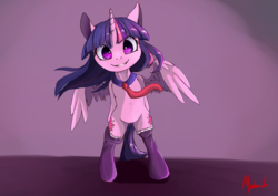 Size: 1300x920 | Tagged: safe, artist:miokomata, twilight sparkle, alicorn, pony, semi-anthro, g4, bipedal, both cutie marks, clothes, cute, female, mare, necktie, socks, solo, spread wings, twiabetes, twilight sparkle (alicorn)