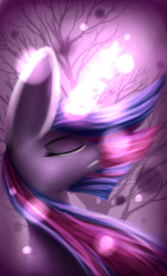 Size: 2377x3941 | Tagged: safe, artist:quefortia, twilight sparkle, pony, g4, eyes closed, female, glowing horn, high res, horn, solo, tree, windswept mane