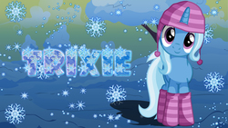 Size: 1920x1080 | Tagged: safe, artist:barrfind, trixie, pony, g4, clothes, female, snow, socks, solo, striped socks, tree, winter