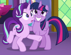 Size: 762x584 | Tagged: safe, screencap, starlight glimmer, twilight sparkle, alicorn, pony, g4, no second prances, butt touch, duo, duo female, female, grin, hoof on butt, out of context, smiling, surprised, twilight sparkle (alicorn)
