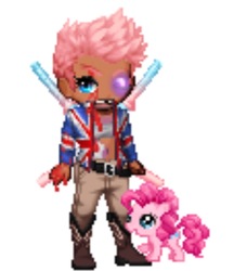 Size: 761x879 | Tagged: safe, pinkie pie, human, g4, blood, bloody, bruised, clothes, dark skin, gaia online, gap teeth, humanized, jacket, katana, pinkamena diane pie, sword, union jack, weapon