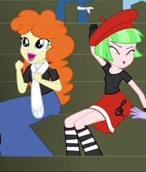 Size: 500x590 | Tagged: safe, screencap, drama letter, golden hazel, thunderbass, valhallen, watermelody, equestria girls, g4, my little pony equestria girls: rainbow rocks, background human, beret, boots, cheering, clothes, eyes closed, fist in the air, high heel boots, long skirt, pants, scarf, sitting, skirt