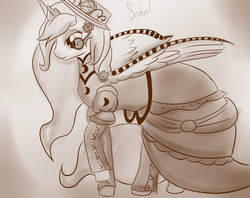 Size: 2130x1686 | Tagged: safe, artist:sebablackluna, princess luna, pony, g4, clothes, dress, female, hat, monochrome, solo, steampunk