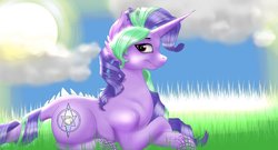 Size: 900x486 | Tagged: safe, artist:tillie-tmb, oc, oc only, dracony, hybrid, pony, cloud, female, interspecies offspring, mare, offspring, parent:rarity, parent:spike, parents:sparity, prone, solo, sun