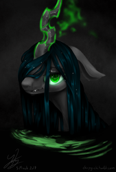 Size: 804x1190 | Tagged: safe, artist:chirpy-chi, queen chrysalis, changeling, changeling queen, g4, fangs, female, glowing eyes, looking at you, smiling, solo, water, wet mane