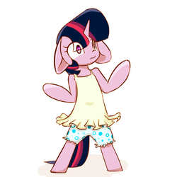Size: 1000x1000 | Tagged: safe, artist:pinkieeighttwo, twilight sparkle, pony, unicorn, semi-anthro, g4, bipedal, bloomers, clothes, cute, dress, eye clipping through hair, female, floppy ears, frown, mare, shorts, simple background, solo, twiabetes, white background, wide eyes