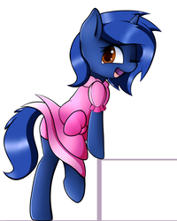 Size: 1744x2182 | Tagged: safe, artist:neighday, oc, oc only, oc:starlight blossom, pony, unicorn, bipedal, bipedal leaning, clothes, cute, dress, female, filly, happy, leaning, looking at you, one eye closed, open mouth, panties, pink underwear, simple background, skirt, solo, underwear, upskirt, white background, wink