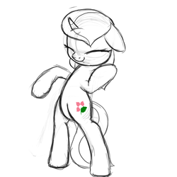 Size: 1500x1500 | Tagged: safe, artist:nimaru, oc, oc only, oc:rose petal, pony, unicorn, air guitar, bipedal, eyes closed, female, mare, monochrome, partial color, sketch, smiling, solo