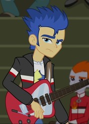 Size: 433x606 | Tagged: safe, screencap, flash sentry, heath burns, equestria girls, g4, my little pony equestria girls: rainbow rocks, annoyed, clothes, electric guitar, frown, glare, guitar, jacket, looking at you, musical instrument, raised eyebrow, solo focus
