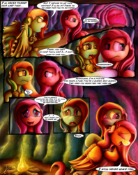 Size: 1935x2449 | Tagged: safe, artist:jamescorck, commander hurricane, fluttershy, private pansy, rainbow dash, pony, comic:i will never leave you, g4, campfire, cave, comic, crying, dialogue, duo, hug, looking at each other, open mouth, sad, smiling, speech bubble