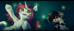 Size: 1024x438 | Tagged: safe, artist:peachmayflower, oc, oc only, oc:peach, dog, firefly (insect), pony, unicorn, amazed, collar, cute, duo, female, grass, looking up, mare, ocbetes, smiling, stargazing