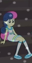 Size: 230x451 | Tagged: safe, screencap, bon bon, sweetie drops, equestria girls, g4, my little pony equestria girls: friendship games, clothes, dress, female, mary janes, shoes, sitting, skirt, socks, solo