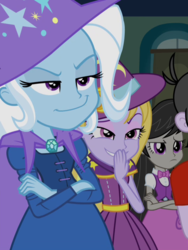 Size: 538x714 | Tagged: safe, screencap, lavender lace, octavia melody, trixie, equestria girls, g4, my little pony equestria girls: rainbow rocks, clothes, cropped, dress, hat, lidded eyes, octavia is not amused, skirt, smiling, smirk, unamused, witch hat