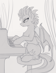 Size: 1010x1312 | Tagged: safe, artist:yakovlev-vad, oc, oc only, bat pony, pony, chest fluff, female, mare, monochrome, musical instrument, patreon reward, piano, sitting, sketch, slit pupils, smiling, solo