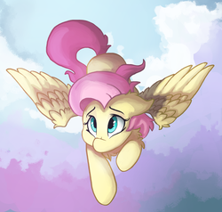 Size: 1600x1524 | Tagged: dead source, safe, artist:saxopi, fluttershy, pony, g4, chest fluff, female, floppy ears, flying, looking up, raised hoof, sky, solo, spread wings