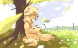 Size: 2596x1618 | Tagged: safe, artist:dagmell, oc, oc only, oc:rita, pony, unicorn, female, field, flower, forest, magic, mare, power line, shadow, shiny, sitting, solo, tree, wreath