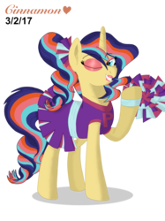 Size: 2048x2732 | Tagged: safe, artist:cinnamon-swirls, oc, oc only, oc:sunfall glow, pony, unicorn, cheerleader, cheerleader outfit, clothes, eyeshadow, high res, lipstick, makeup, offspring, one eye closed, parent:starlight glimmer, parent:sunburst, parents:starburst, pom pom, ponytail, simple background, solo, transparent background, wink