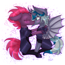 Size: 3850x3850 | Tagged: safe, artist:zombiecupcake101, fizzlepop berrytwist, tempest shadow, oc, oc:elizabat stormfeather, alicorn, bat pony, bat pony alicorn, bat pony unicorn, pony, unicorn, g4, my little pony: the movie, armor, blushing, broken horn, canon x oc, curved horn, eye scar, eyes closed, female, heart, high res, horn, hug, kiss on the lips, kissing, lesbian, scar, shipping, simple background, spread wings, stormshadow, transparent background, wingboner