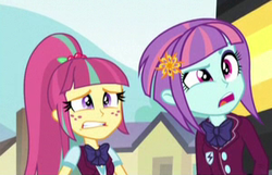 Size: 300x193 | Tagged: safe, screencap, sour sweet, sunny flare, equestria girls, g4, my little pony equestria girls: friendship games, confused, cropped, duo