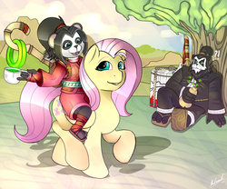 Size: 3000x2500 | Tagged: safe, artist:malamol, fluttershy, panda, pandaren, pony, g4, chen stormstout, clothes, crossover, cup, cute, exclamation point, female, high res, li li, li li stormstout, male, mist of pandaria, question mark, raised hoof, sandals, shyabetes, signature, smiling, tree, trio, warcraft, world of warcraft