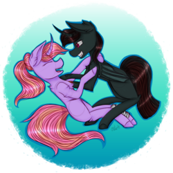 Size: 3850x3850 | Tagged: safe, artist:zombiecupcake101, oc, oc only, oc:glitter shine (ice1517), oc:night rose (ice1517), alicorn, bat pony, bat pony alicorn, pony, unicorn, alicorn oc, bedroom eyes, curved horn, eyes closed, fangs, female, high res, horn, leg warmers, lesbian, mare, oc x oc, shipping, tattoo, tickle fight, tickling