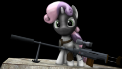 Size: 1920x1080 | Tagged: safe, artist:skrittzs, sweetie belle, pony, unicorn, g4, 3d, female, gun, hooves, horn, looking at you, mare, mask, optical sight, poster, rifle, sniper, sniper rifle, sniperbelle, solo, source filmmaker, weapon