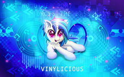 Size: 5760x3600 | Tagged: safe, artist:sol-r, dj pon-3, vinyl scratch, pony, unicorn, g4, absurd resolution, chest fluff, cute, ear fluff, female, hooves, horn, lens flare, lying down, mare, music notes, open mouth, reflection, scraton, solo, speaker, text, vector, vinylicious, wallpaper