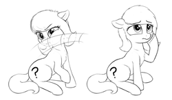 Size: 2117x1240 | Tagged: safe, artist:smoldix, oc, oc only, oc:filly anon, earth pony, pony, :t, abuse, cheek squish, chest fluff, ear fluff, female, filly, fluffy, frown, leg fluff, lidded eyes, looking up, mare, monochrome, nose wrinkle, rubbing, sad, simple background, slap, solo, squishy cheeks, wavy mouth, white background, wide eyes