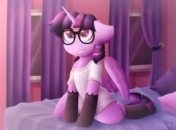 Size: 2700x2000 | Tagged: safe, artist:spirit-dude, twilight sparkle, alicorn, pony, g4, bed, chest fluff, clothes, curtains, cute, ear fluff, female, floppy ears, glasses, high res, kneeling, looking up, off shoulder, on bed, pillow, shirt, signature, smiling, solo, stockings, t-shirt, thigh highs, twiabetes, twilight sparkle (alicorn), window