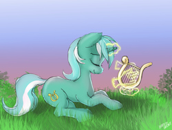 Size: 814x613 | Tagged: safe, artist:hardbrony, lyra heartstrings, pony, g4, eyes closed, female, glowing horn, grass, hand, horn, lyre, magic, magic hands, prone, signature, sky, smiling, solo