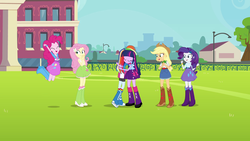 Size: 1920x1080 | Tagged: safe, applejack, fluttershy, pinkie pie, rainbow dash, rarity, twilight sparkle, alicorn, equestria girls, g4, my little pony equestria girls, balloon, boots, bowtie, bracelet, canterlot high, clothes, cowboy boots, cowboy hat, cute, denim skirt, eyes closed, female, fence, giggling, hat, high heel boots, hug, humane five, humane six, jewelry, jumping, leg warmers, mane six, open mouth, raised leg, shipping fuel, skirt, soccer field, socks, stetson, tree, twilight sparkle (alicorn)