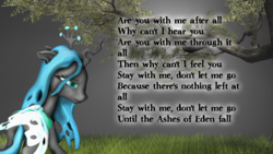 Size: 1920x1080 | Tagged: safe, artist:skrittzs, queen chrysalis, changeling, g4, 3d, ashes of eden, breaking benjamin, female, gmod, lyrics, sad, solo, text