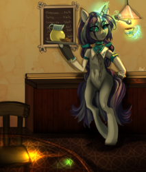 Size: 500x588 | Tagged: safe, artist:php154, oc, oc only, pony, unicorn, semi-anthro, bipedal, cafe, clothes, cookie, enhanced ponies, food, juice, lemonade, maid