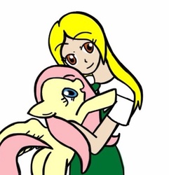 Size: 372x386 | Tagged: safe, artist:cubiejewelart, fluttershy, oc, human, pony, g4, hug, non-mlp oc