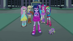 Size: 1920x1080 | Tagged: safe, applejack, fluttershy, pinkie pie, rainbow dash, rarity, spike, twilight sparkle, dog, equestria girls, g4, my little pony equestria girls, angry, apple, boots, bracelet, canterlot high, cowboy boots, cowboy hat, fall formal outfits, hat, high heel boots, jewelry, looking at you, smiling, spike the dog, top hat, twilight ball dress