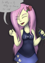 Size: 605x847 | Tagged: safe, artist:gabbslines, fluttershy, equestria girls, g4, breasts, clothes, dialogue, earbuds, eyes closed, female, hairpin, lyrics, mp3 player, open mouth, ride, simple background, singing, skirt, smiling, solo, song reference, speech bubble, text, twenty one pilots