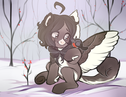 Size: 1280x990 | Tagged: safe, artist:kapusha-blr, oc, oc only, bird, pegasus, pony, bow, snow, solo