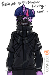 Size: 853x1280 | Tagged: safe, artist:smudge proof, twilight sparkle, anthro, g4, clothes, cosplay, costume, female, kaneki ken, mask, patreon, patreon logo, sketch, solo, this will end in tears and/or death, tokyo ghoul